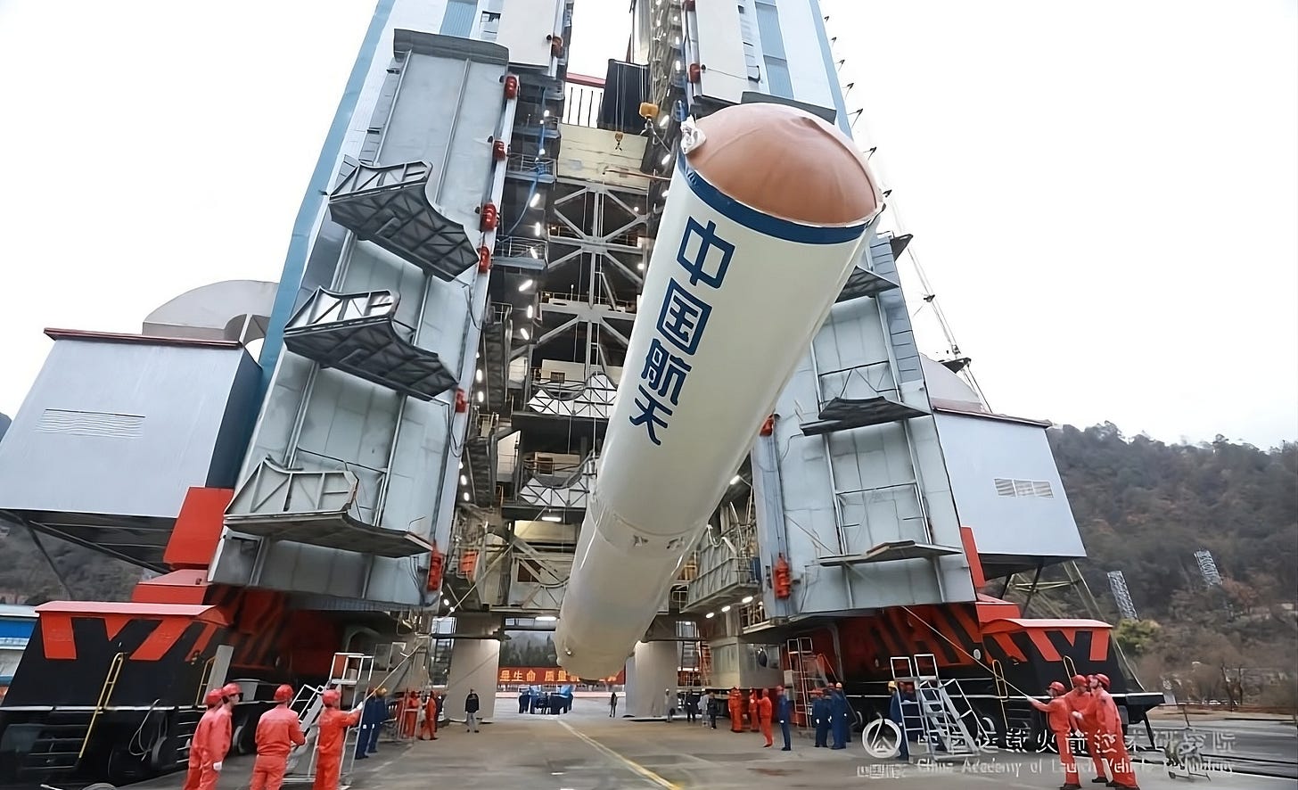 A Long March 3B/E’s first-stage being prepared for launch in January 2025.