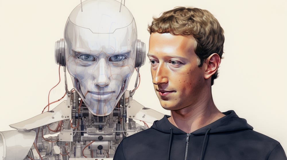 Robô de inteligencia artificial representando a empresa Meta criadora do modelo de IA Llama2. Na imagem, Mark Zuckerberg, CEO da Meta. Robô de inteligencia artificial representando a empresa Facebook criadora do modelo de IA Llama2