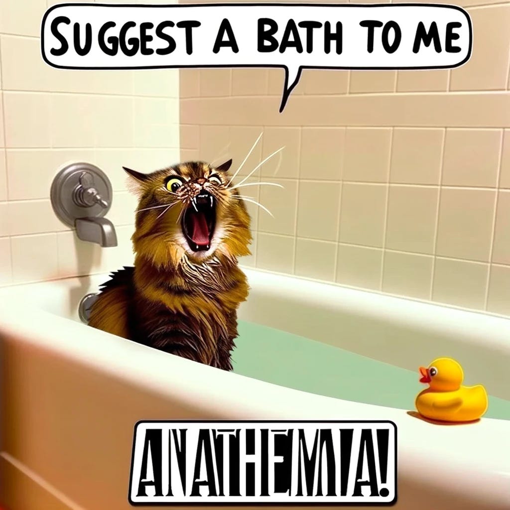 Create an image of a cartoon cat sitting on the edge of a bathtub, recoiling in horror with its fur standing on end and its eyes wide with terror. The cat's expression is one of sheer disgust and repulsion, looking at a rubber duck floating in the bath water as if it's the most offensive thing in the world. The background is a simple, brightly lit bathroom to keep the focus on the cat's dramatic reaction. The top of the image features the meme text, "Suggest a bath to me," in a bold, playful font. The bottom adds, "Anathema!" in the same style of font, emphasizing the cat's vehement dislike. The text is white with a black outline for clear visibility against the bathroom backdrop. This image should humorously convey the concept of anathema through the cat's exaggerated aversion to baths.