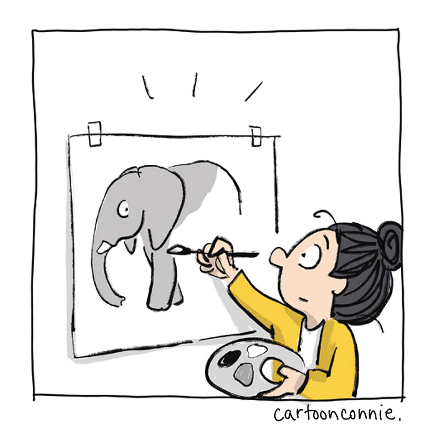 Panel 2 of 12 of a 2-page wordless illustrated comic, titled "Art Can Be A Good Companion," 2026, original artwork by Connie Sun, cartoonconnie. Panel 2 of 12 of a 2-page wordless illustrated comic, titled "Art Can Be A Good Companion," 2026, original artwork by Connie Sun, cartoonconnie.