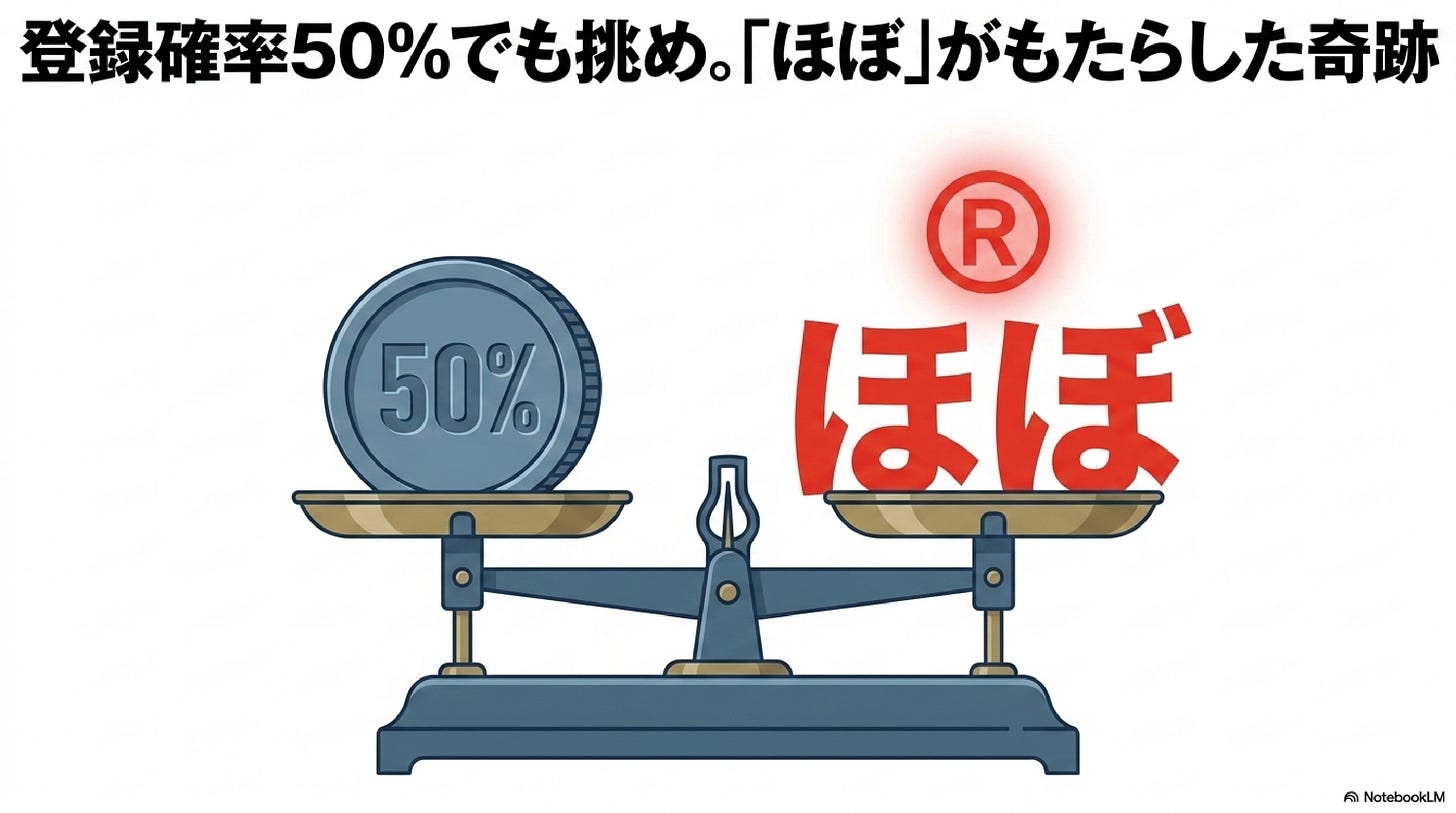 「登録確率50%でも挑め」──天秤に「50%」と「ほぼ®」を乗せた図。 「登録確率50%でも挑め」──天秤に「50%」と「ほぼ®」を乗せた図。