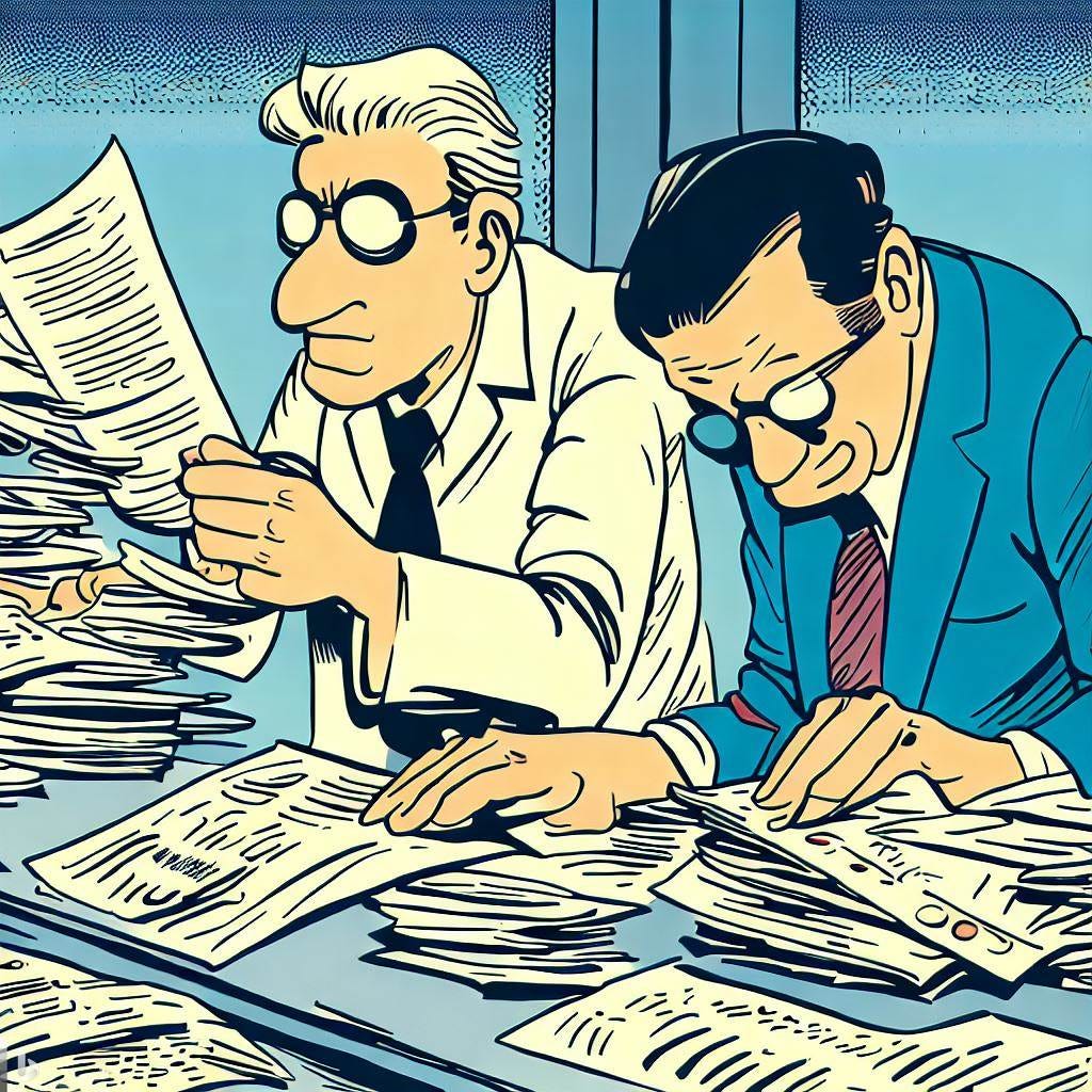 A credit bureau processing reports, herge style