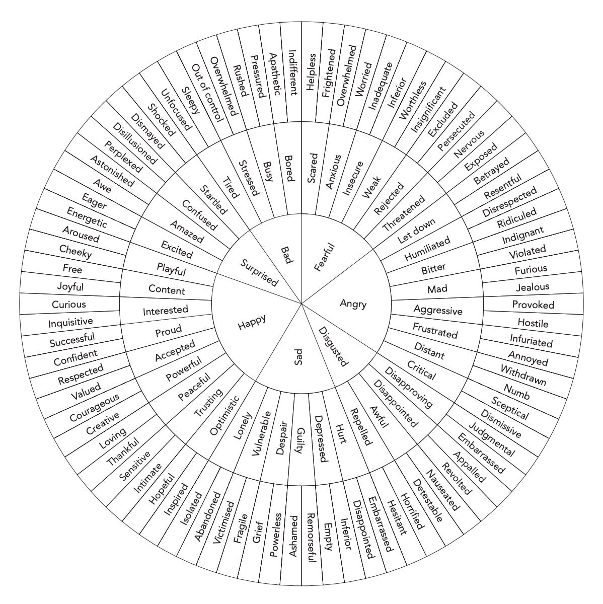 A Feelings Wheel with broad emotions in the center that become more granular as you move out in the circle