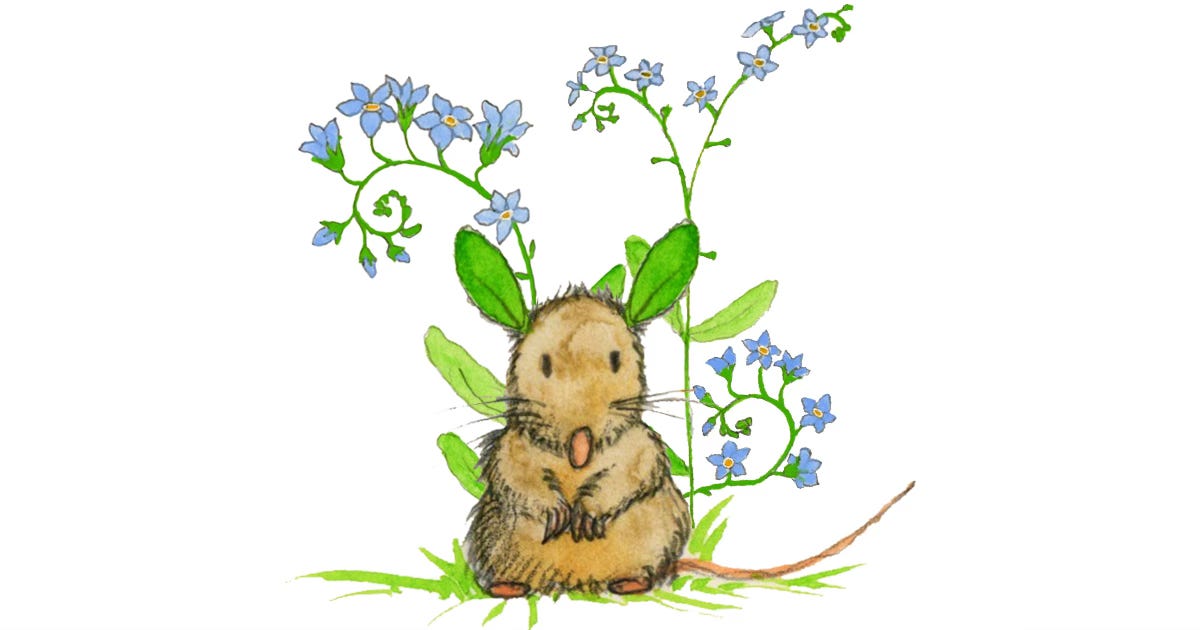 watercolour illustration of a mouse with forget-me-not ears and forget-me-nots watercolour illustration of a mouse with forget-me-not ears and forget-me-nots