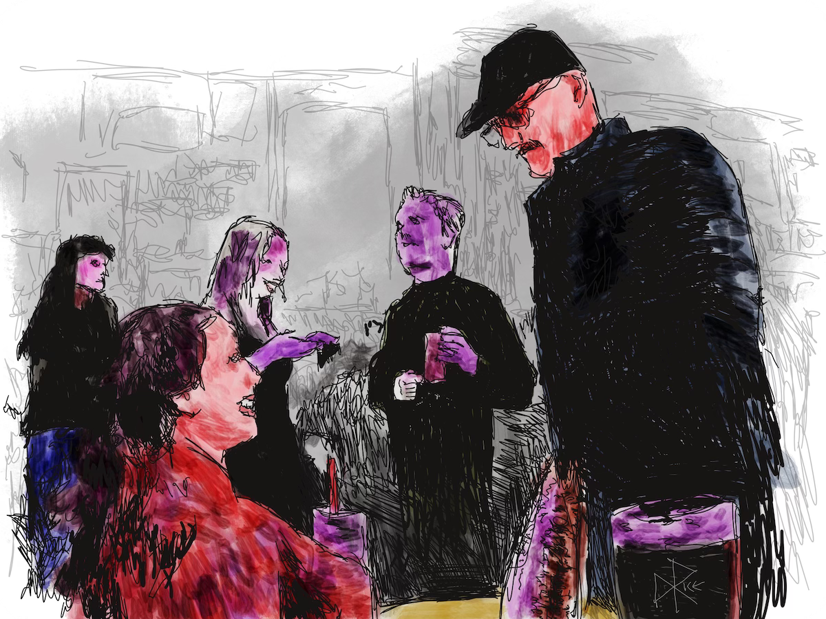 A gathering of happy people chatting before a live music show at a local venue. Sketch art by Don Rice.