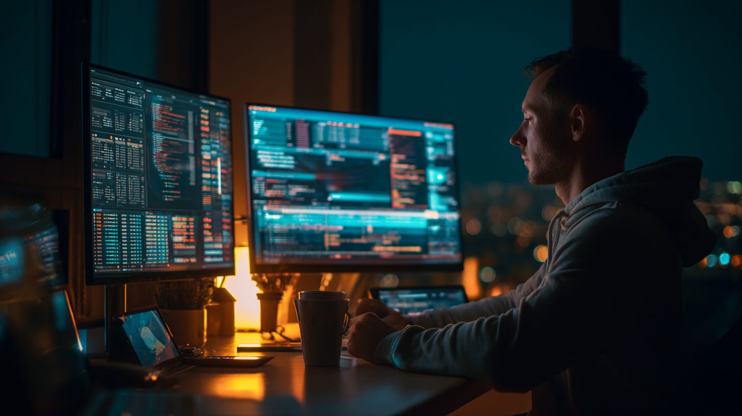 A developer sitting calmly at a desk in a dimly lit room at night, multiple glowing monitors displaying system dashboards and code,