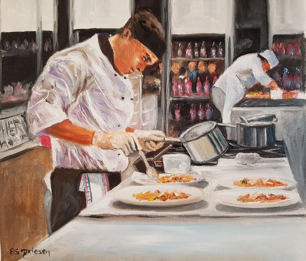 Chef in the kitchen (2018) Oil painting by Els Driesen