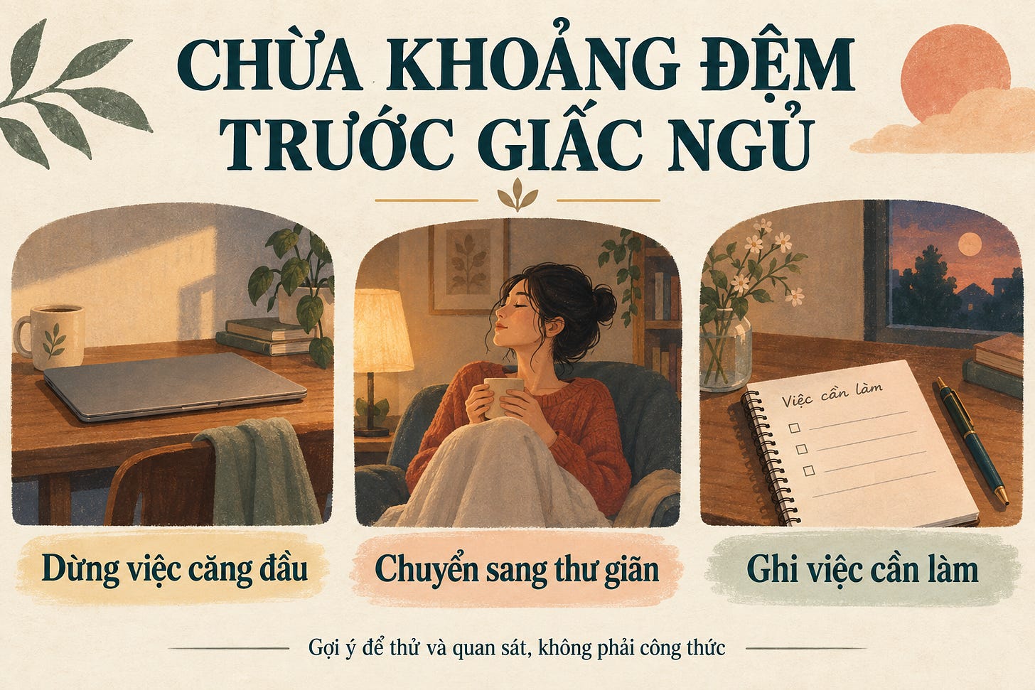 Ba cảnh buổi tối: đóng máy tính, ngồi thư giãn và mở sổ ghi việc cần làm trước giờ ngủ.