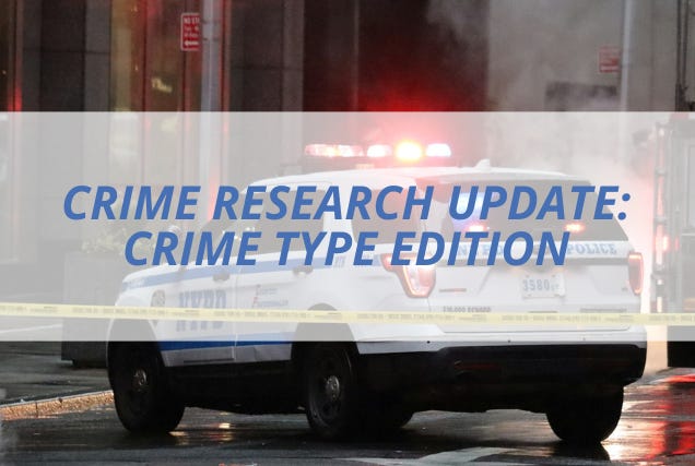 'Crime Research Update: Crime Type Edition' appears in the foreground. In the background, yellow tape is strung across the image, in front of a police cruiser that sits with its roof lights on.