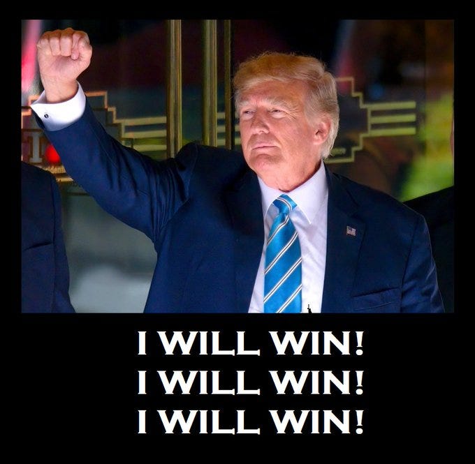 Donald Trump stands in a suit with a blue striped tie raising his right fist toward the camera in front of a golden escalator with blurred background elements including suited individuals the image has black borders and white text overlays repeating I will win four times