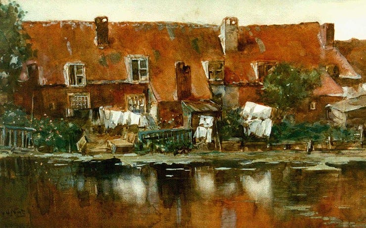 'Oudhollandse plattelandshuisjes' - aquarel: Willem van der Nat (herkomst: voorm. coll Simonis & Buunk, Ede)