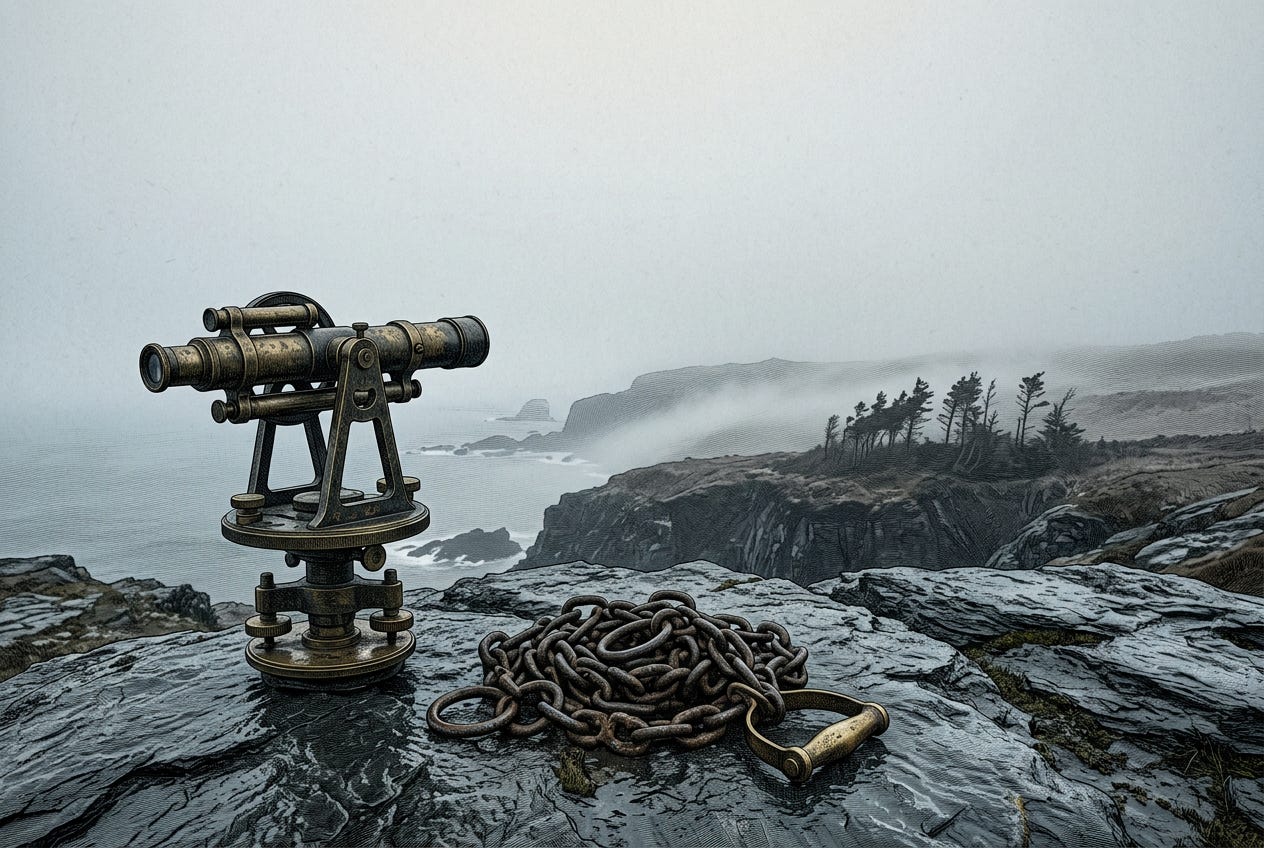 A brass surveyor's transit and coiled measuring chain abandoned on wet slate rock in dense coastal fog A brass surveyor's transit and coiled measuring chain abandoned on wet slate rock in dense coastal fog