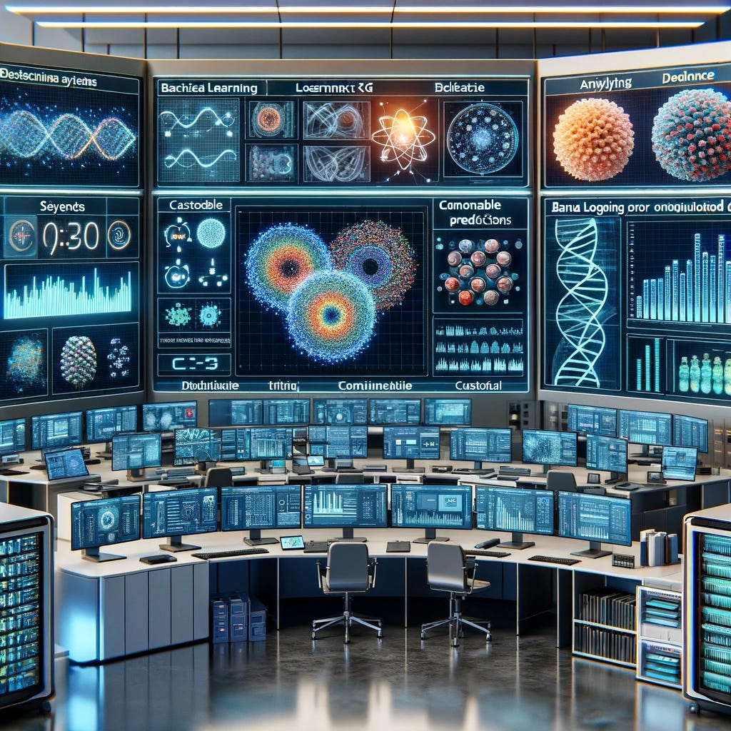 Visualize a high-tech laboratory setting where machine learning (ML) is enhancing the accuracy and efficiency of bacterial RNA logging systems over time. The scene includes advanced computing systems with displays showing ML algorithms continuously learning and adapting, refining predictions based on accumulated data. The focus is on a bacterial RNA logging system becoming more accurate and efficient, represented by screens displaying complex RNA sequences and analysis graphs. The laboratory also illustrates various applications of this technology, such as disease monitoring or environmental sensing, with real-time data interpretation being critical. Additional displays showcase customizable ML models tailored for specific applications, like detecting environmental pollutants, disease biomarkers, or analyzing agricultural conditions, highlighting the versatility and importance of integrating ML in biological data analysis.