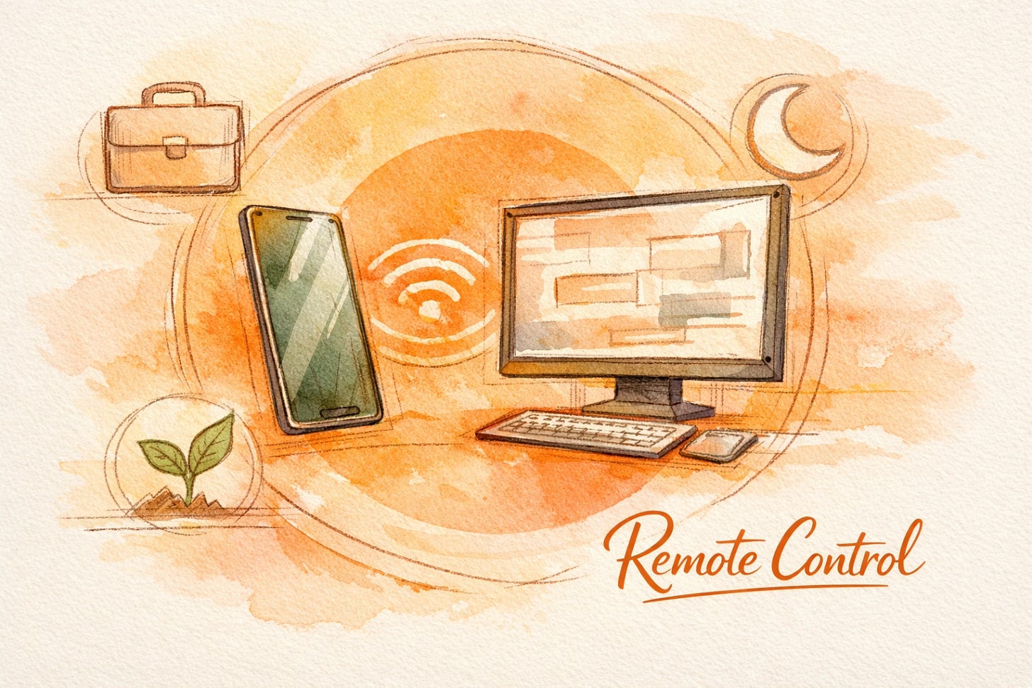 A central circle framework illustrating the connection between a smartphone and a desktop computer. Supporting icons at phi positions represent “Work,” “Sleep,” and “Life.” Hand-lettered text in the bottom-right reads “Remote Control.” Watercolor aesthetic in orange, cream, and forest green. Watercolor illustration of a smartphone remotely controlling a desktop computer via Claude Dispatch AI.