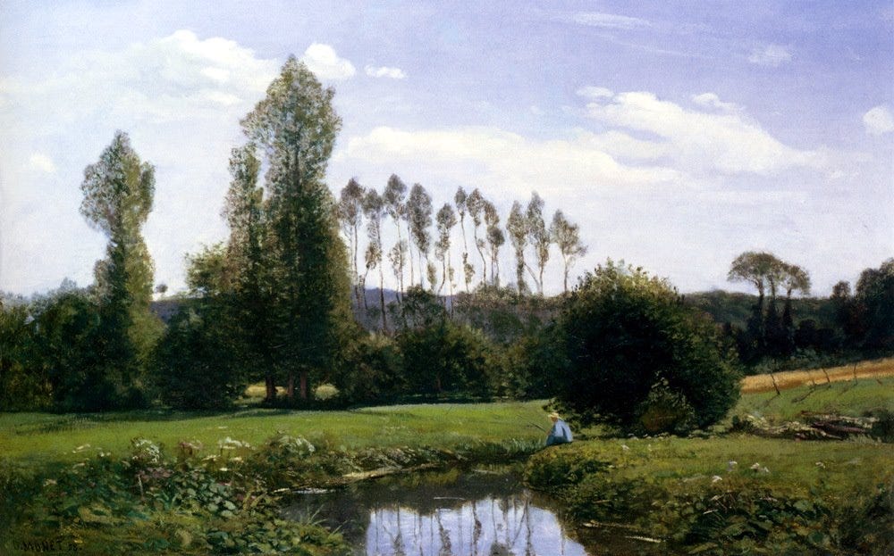 View at Rouelles, Le Havre by Claude Monet: a green meadow with tall poplars and a small pond reflecting the sky View at Rouelles, Le Havre by Claude Monet: a green meadow with tall poplars and a small pond reflecting the sky