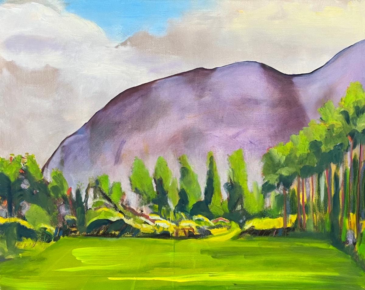 purple mountains in New Hampshire with green trees and lush green lawn
