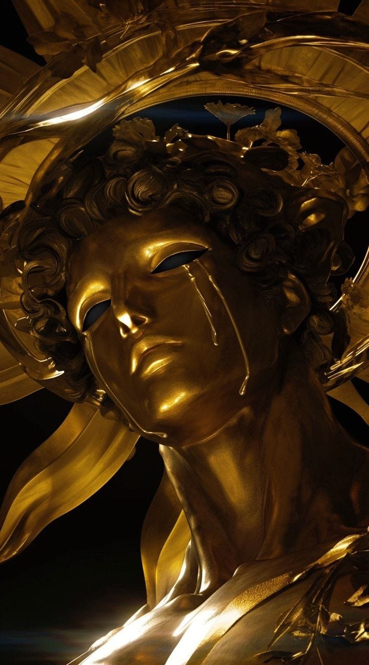 This may contain: a golden statue with leaves on it's head