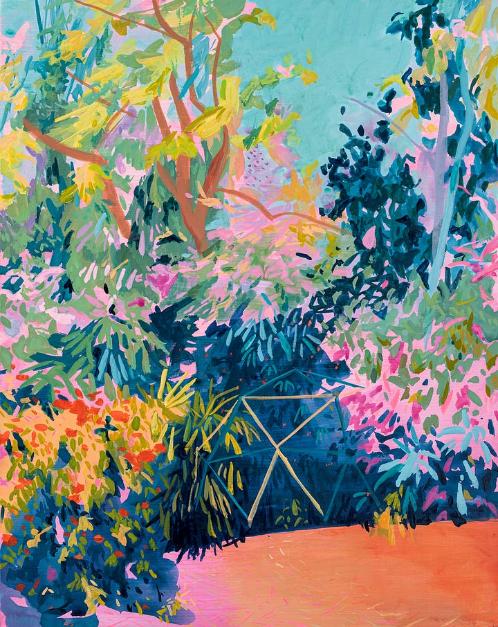 Two portrait-oriented landscape paintings in bright colors: pinks, oranges, mint greens, and inky blues.