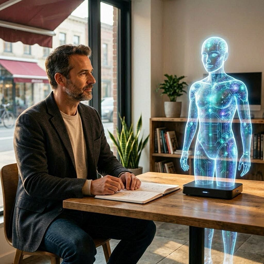 An image of a man and an AI having a discussion 