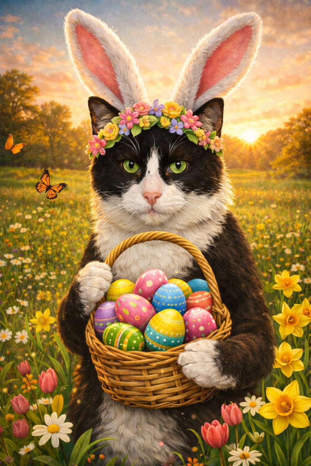 A tuxedo cat wearing bunny ears and holding a basket of eggs in a spring garden A tuxedo cat wearing bunny ears and holding a basket of eggs in a spring garden