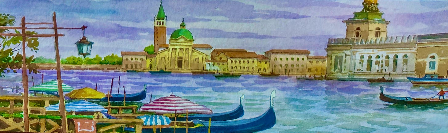 horizontal bookmark showing a painting of the Venice Lagoon with St. Marks in the background - water is blue, so is sky, the umbrellas in teh foreground are blue yellow and red. 