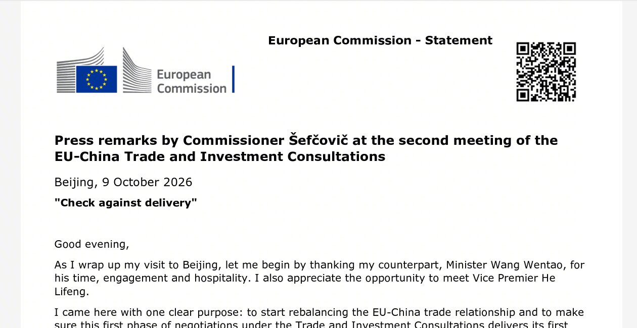EU’s readout on the Second China-EU Trade Talk