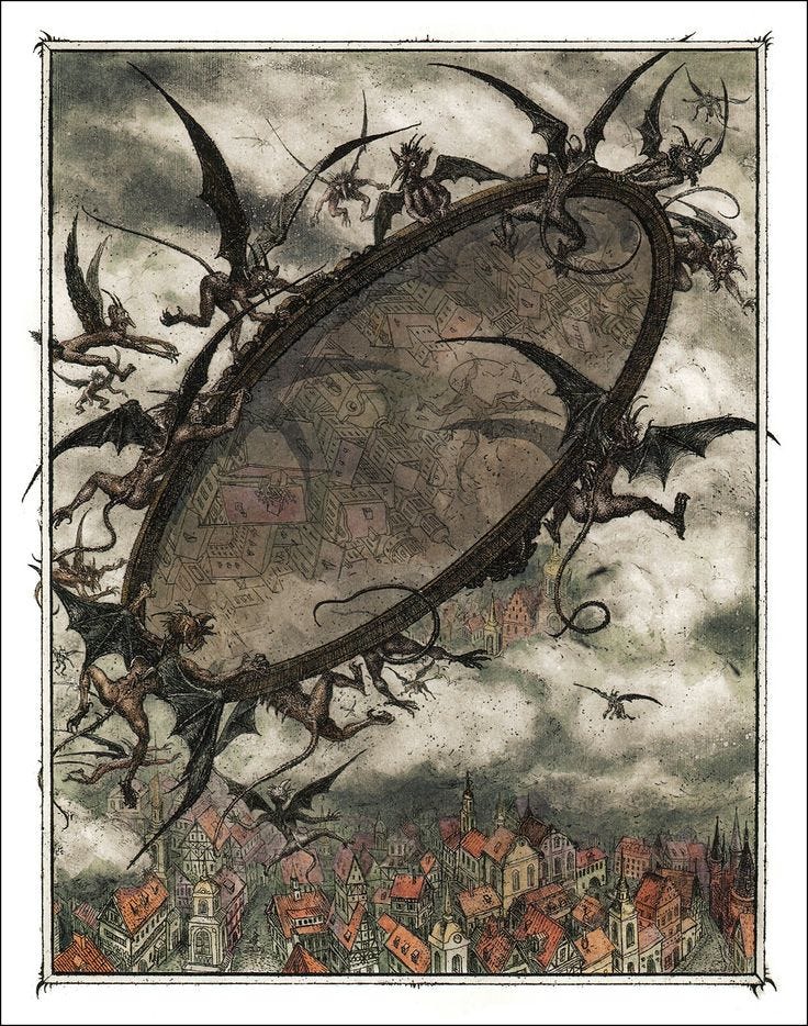 This may contain: an artistic painting with birds flying over a city This may contain: an artistic painting with birds flying over a city
