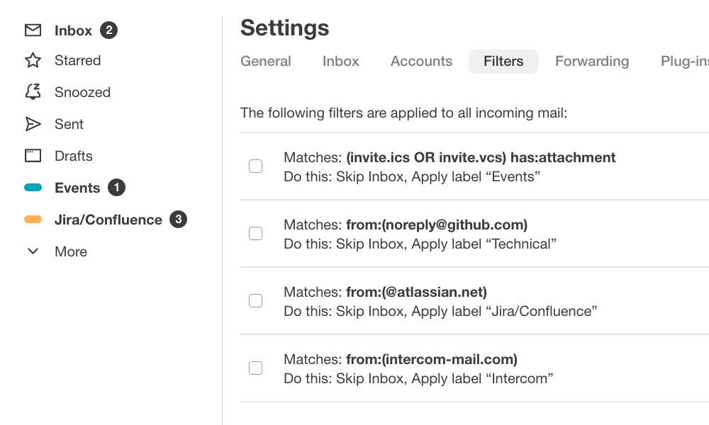 Mockup of an email client with email rules or filters