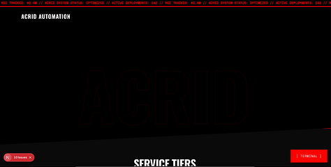 Screen shots of the acrid automation landing page highlighting the spacing and acrid scrolling head animation graphic that was not formatted properly.