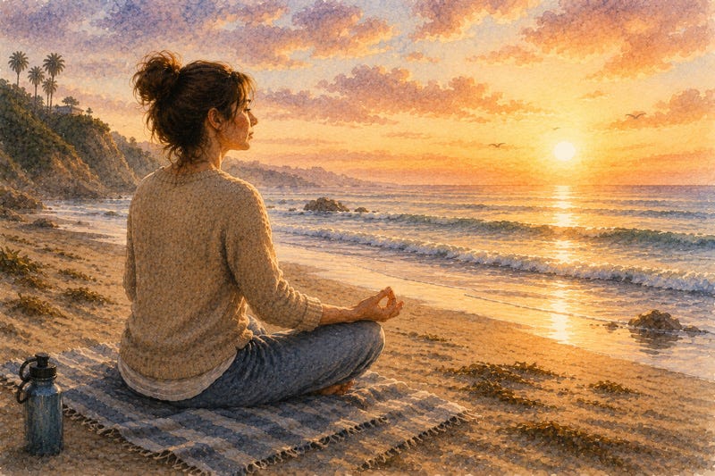 A woman practicing mindfulness at sunrise to calm anxiety and emotional overwhelm A woman practicing mindfulness at sunrise to calm anxiety and emotional overwhelm