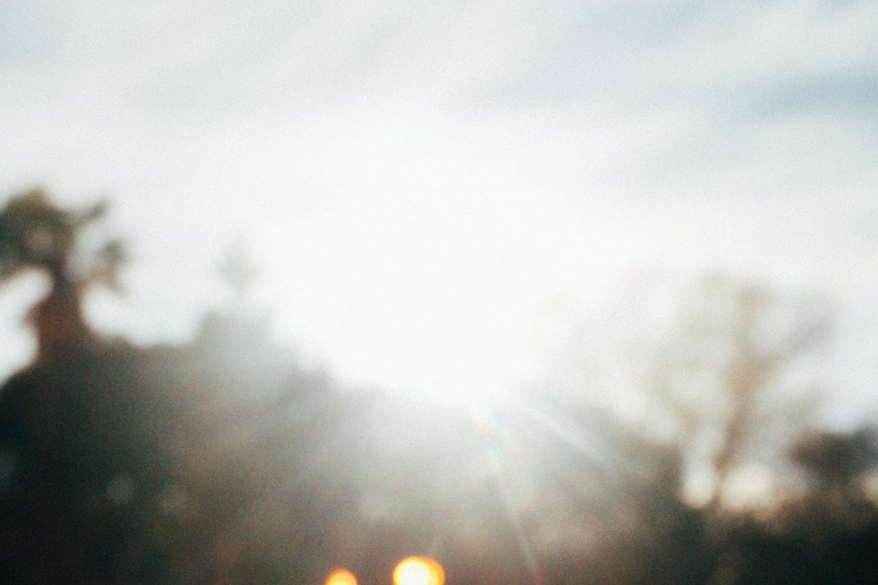 A heavily blurred, dreamy photograph of trees silhouetted against a bright, washed-out sky, with warm glowing lights visible at the bottom.