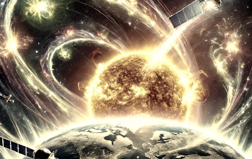 A dramatic representation of space weather showing the Sun emitting solar flares and a coronal mass ejection (CME). The solar wind streams toward Earth, causing vibrant auroras at the poles. The Earth’s magnetosphere is visible as a protective shield, with bright charged particles spiraling around. In the background, a satellite in orbit and astronauts in a space station can be seen, emphasizing the effects of space weather on technology and humans in space.