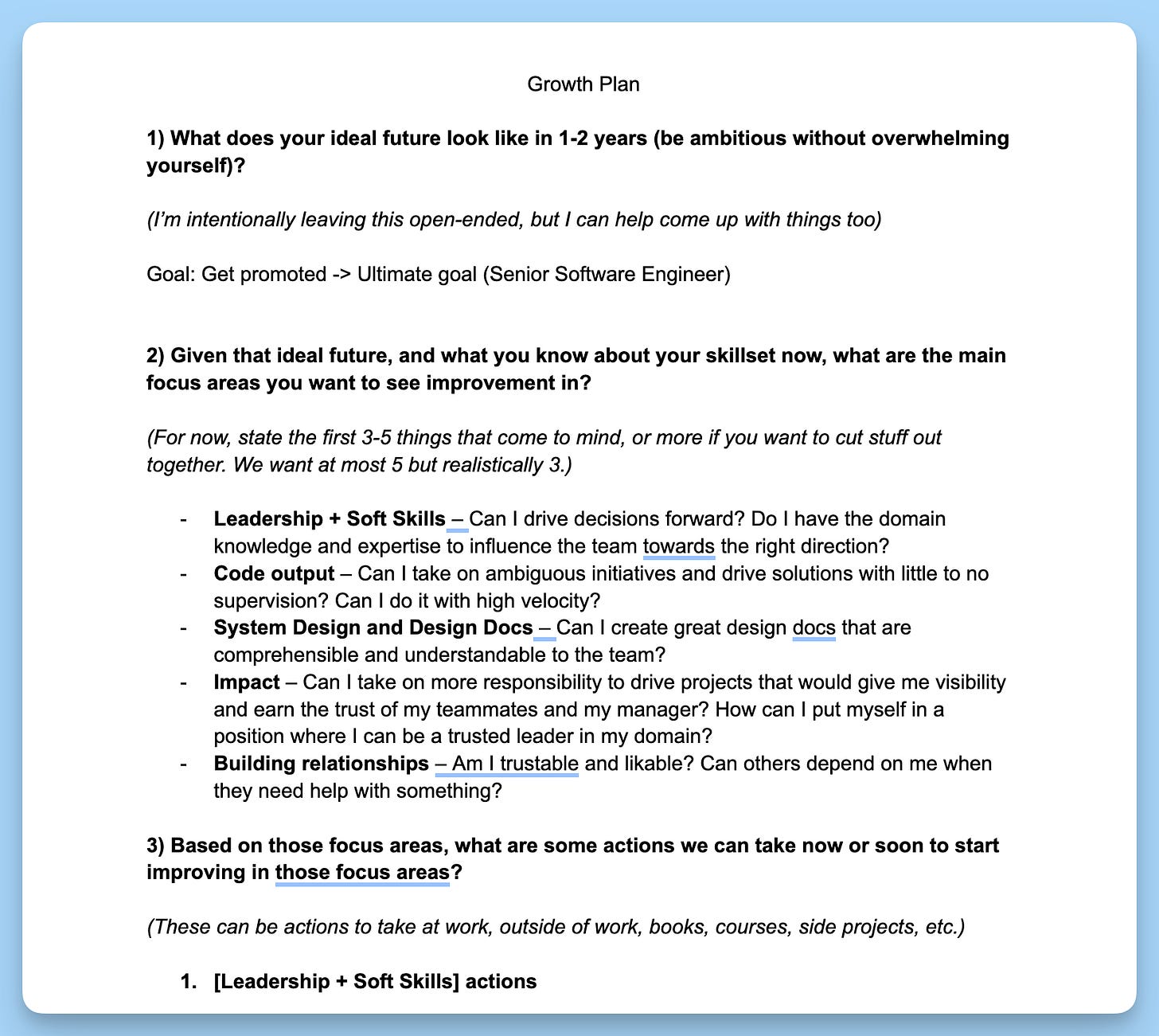 Goal of getting promoted. Focus areas leadership / soft skills, code output, system design and design docs, impact, building relationships