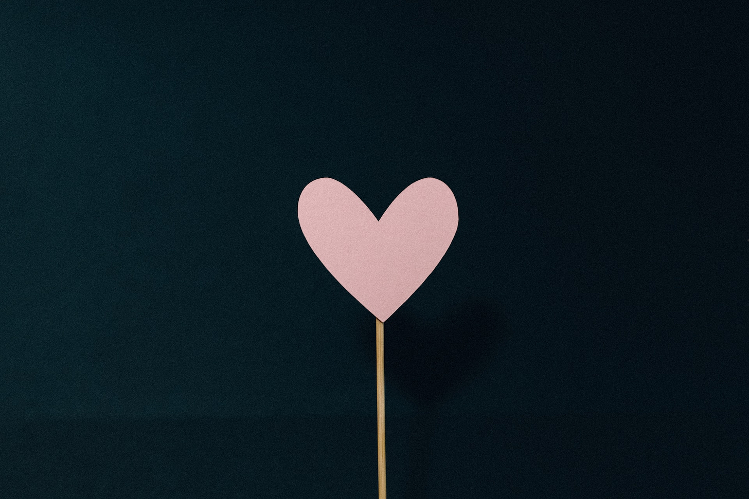 Sfondo nero con un cartoncino rosa ritagliato a forma di cuore e sorretto da un bastoncino di legno. Sfondo nero con un cartoncino rosa ritagliato a forma di cuore e sorretto da un bastoncino di legno.
