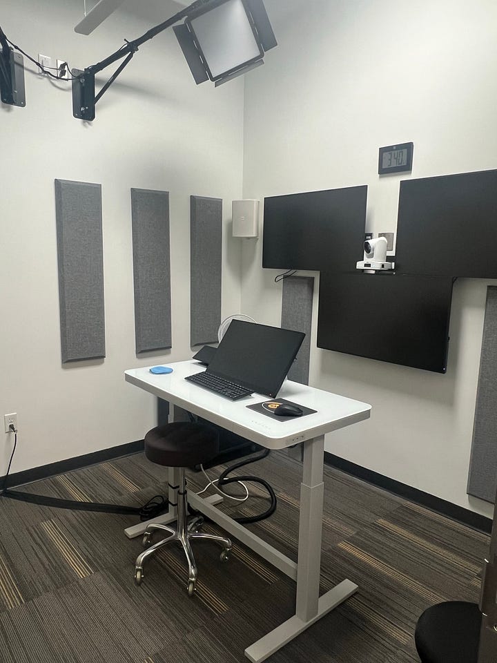 Left: An empty recording studio with bright lights, featuring a desk with a computer and control screen, three monitors mounted on the wall, and a camera centered between them. Right: A woman in a blue dress stands in front of a green screen in the innovation studio, facing a camera for recording