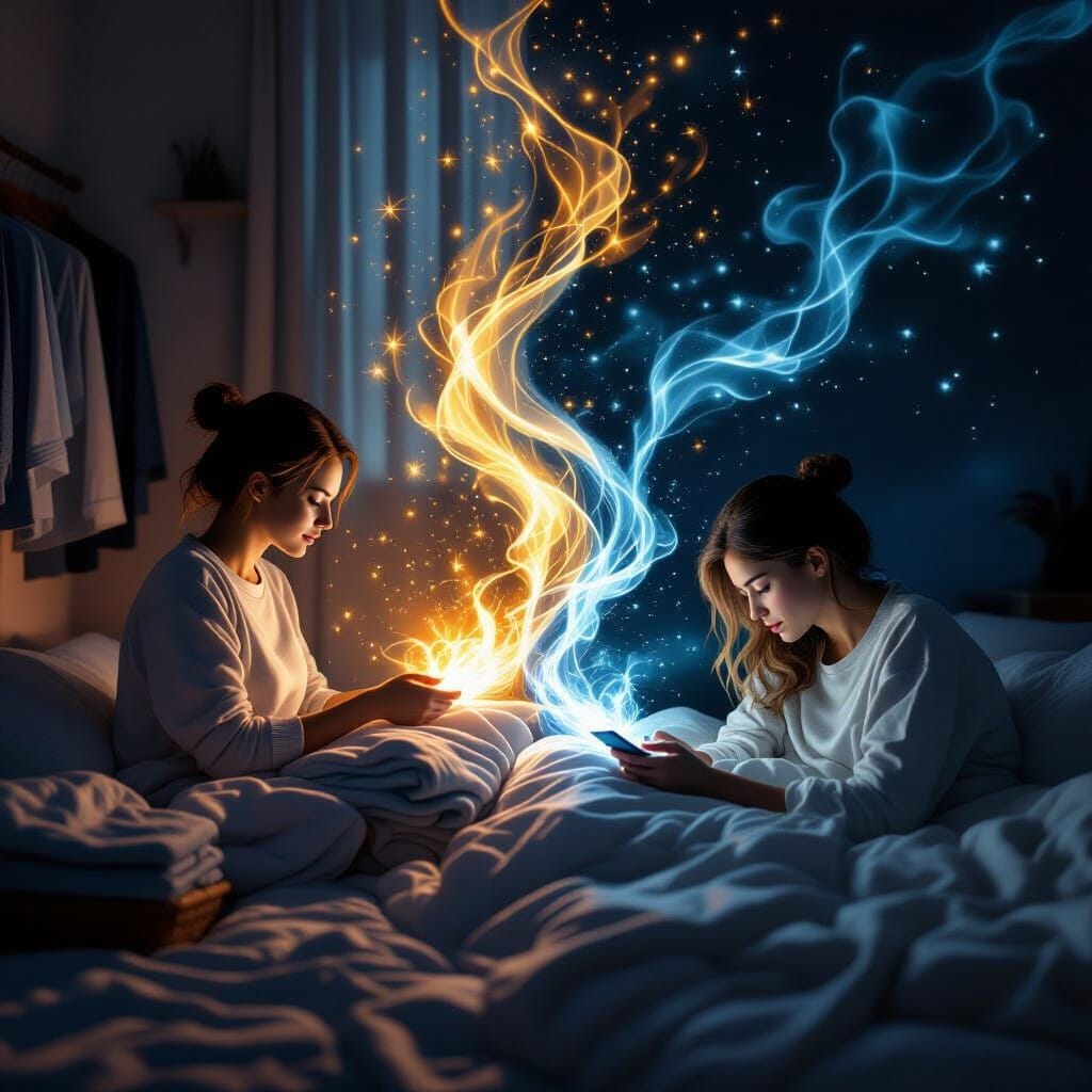 A yin-yang composition where one side shows a person peacefully folding laundry with gentle creative sparks floating aro...