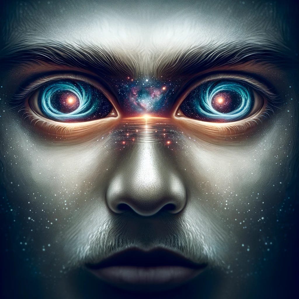 Extend the compelling image of a face staring intently into a mirror, with their eyes reflecting an infinite depth, to show more of the face and perhaps the upper body. The mirror still captures the reflection of the person's face, with the eyes offering a gateway to endless possibilities or dimensions. This continuation should enhance the intense gaze into the mirror, enriching the mysterious and profound universe reflected in their eyes. The background remains minimalistic, ensuring the viewer's focus is on the extended view of the face, the mirror, and the captivating infinity within the eyes.