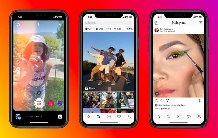 Screenshots of three iPhones showing the Reels feature in Instagram.