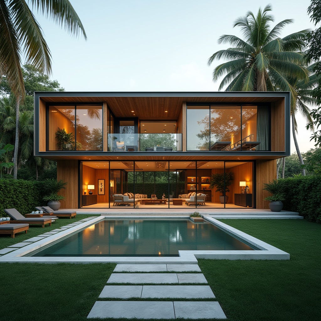 A breathtaking, modern, eco-friendly container house in Kingston, Jamaica, surrounded by lush tropical gardens, with a central courtyard featuring a sleek outdoor lounge and inviting plunge pool. The single-story abode boasts an airy open floor plan, seamlessly integrating indoor and outdoor spaces through floor-to-ceiling sliding glass walls on all sides. Exterior natural wood panels blend harmoniously with painted steel accents, creating a striking contrast. Protruding windows and skylights add visual interest, while discreetly integrated solar panels ensure sustainable energy. Shot on location in Kingston, Jamaica, with a cinematic flair, evoking the warmth and vibrancy of the Caribbean.