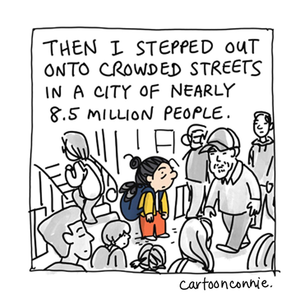 Excerpt from a 6-panel comic strip titled "Introvert in the City" by Connie Sun, cartoonconnie, 2025.  Excerpt from a 6-panel comic strip titled "Introvert in the City" by Connie Sun, cartoonconnie, 2025.