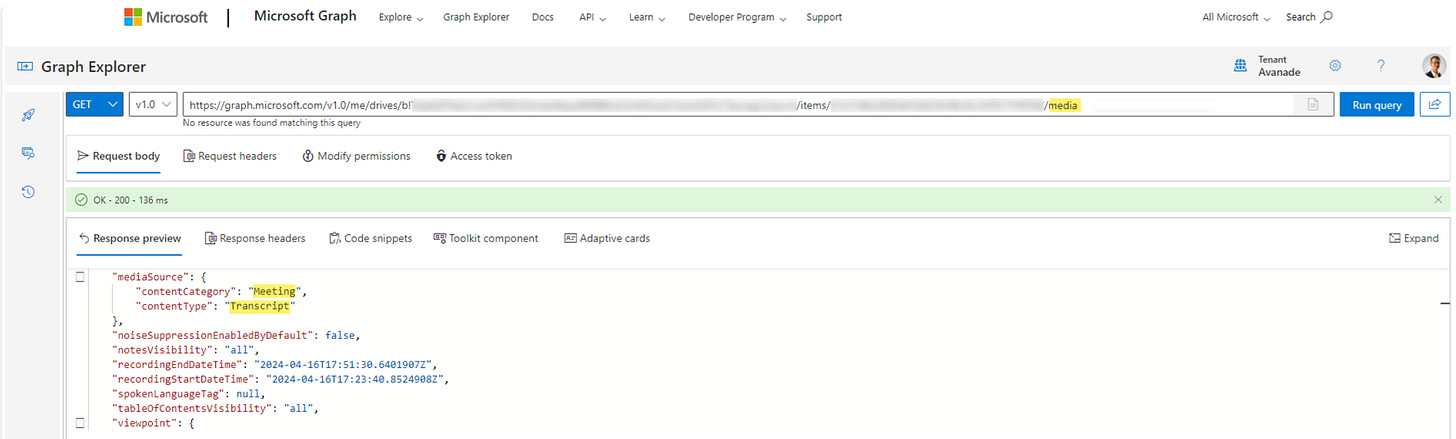 Microsoft Graph Explorer view on the "Media"-child object - © Robbert Berghuis
