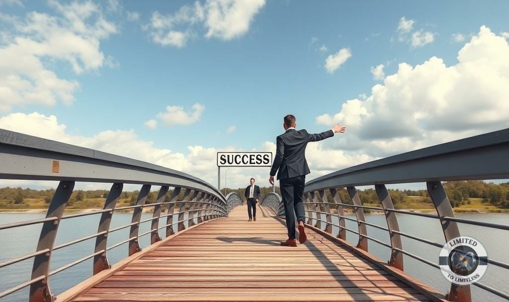 A sales professional guiding a client over a bridge while directing them to a sign that says success
