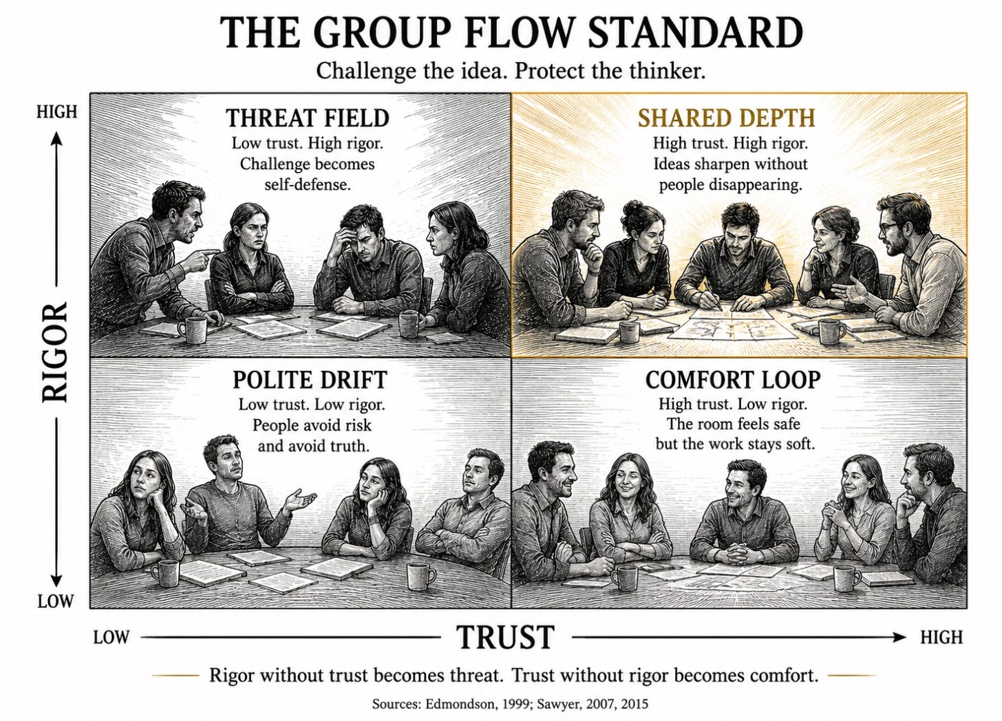 Group flow needs something harder: a field where people can risk real contribution in service of the work.