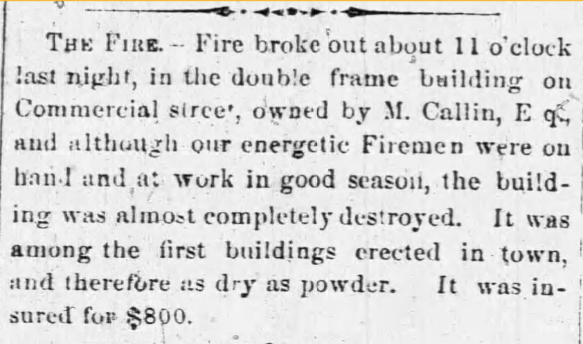 screenshot of newspaper item describing a fire in 1870 screenshot of newspaper item describing a fire in 1870