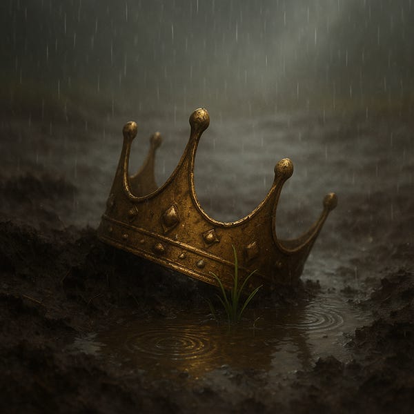The image shows a golden crown dulled by weather, resting in the mud at dawn. Soft rain falls around it, and a few tender shoots of grass emerge from the puddle’s reflection. The crown represents the vanished king; the new growth hints at renewal and truth reborn after decay. Tags: mythic realism, Celtic fantasy, rain, crown, renewal, downfall, pride, redemption