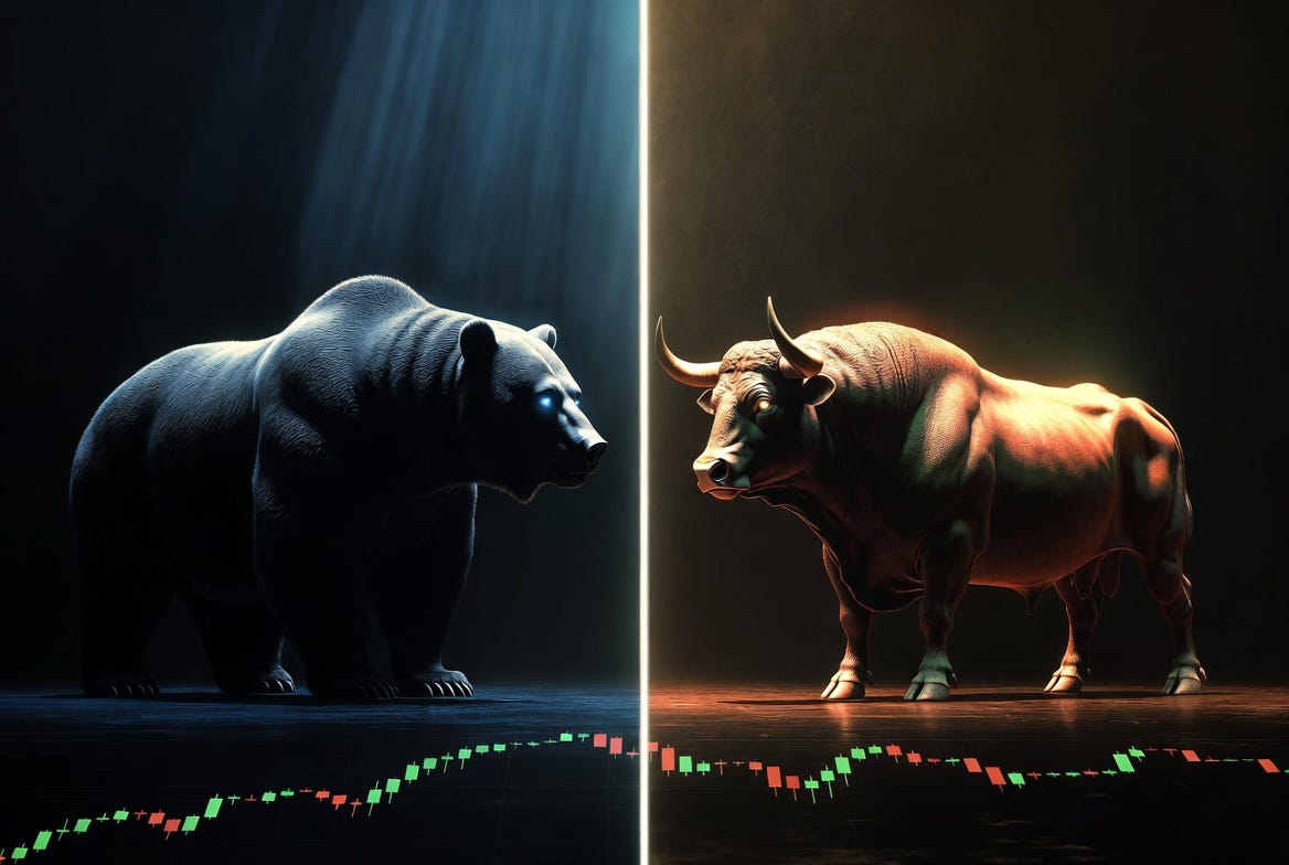 A split-screen confrontation between a blue-lit bear and a warm-lit bull facing each other across a glowing dividing line, with cryptocurrency candlestick charts running along the floor beneath both, representing opposing market forces in crypto trading A split-screen confrontation between a blue-lit bear and a warm-lit bull facing each other across a glowing dividing line, with cryptocurrency candlestick charts running along the floor beneath both, representing opposing market forces in crypto trading
