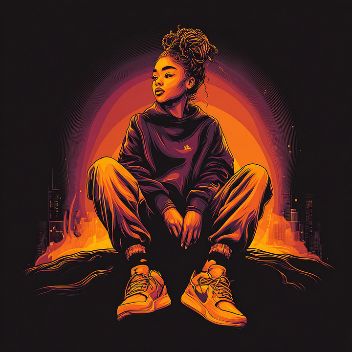 A confident black woman seated at the edge of a golden hour horizon that overlooks a city by Charlene Grant the Affirmed Visionary