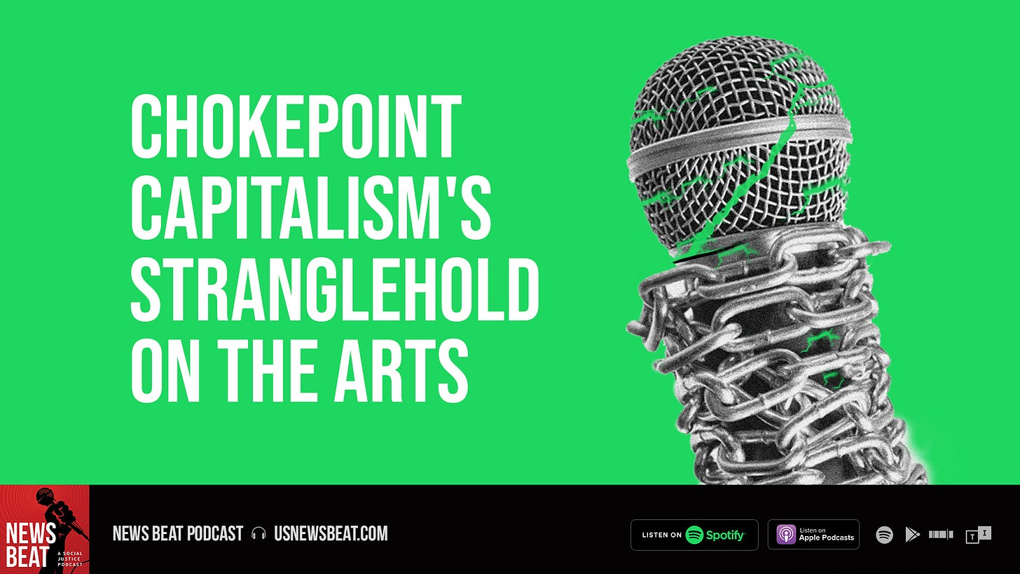 A cracked microphone is wrapped in a steel chain in front of a green background and the words "Chokepoint Capitalism's Stranglehold on the Arts."