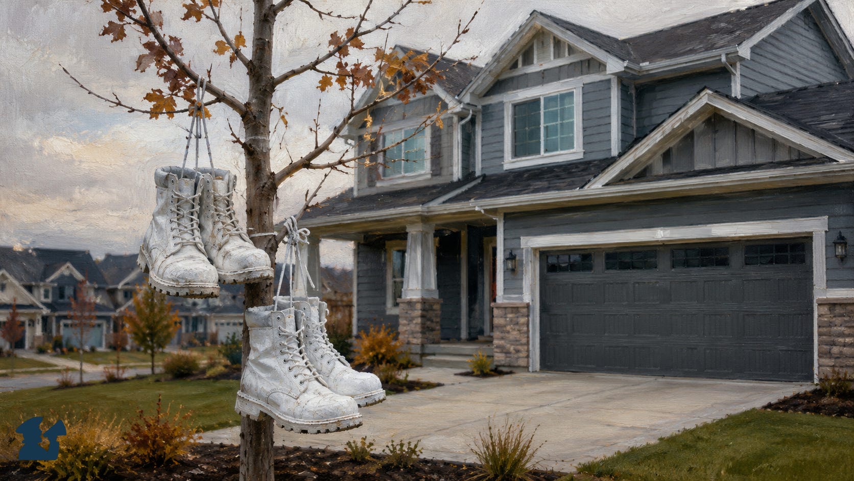 Painterly banner image of two pairs of white construction boots hanging from a newly planted tree in front of a newly built suburban home in Chanhassen, Minnesota. The quiet neighborhood setting and memorial-like placement of the boots evoke the absence of the two construction workers represented by them. Painterly banner image of two pairs of white construction boots hanging from a newly planted tree in front of a newly built suburban home in Chanhassen, Minnesota. The quiet neighborhood setting and memorial-like placement of the boots evoke the absence of the two construction workers represented by them.