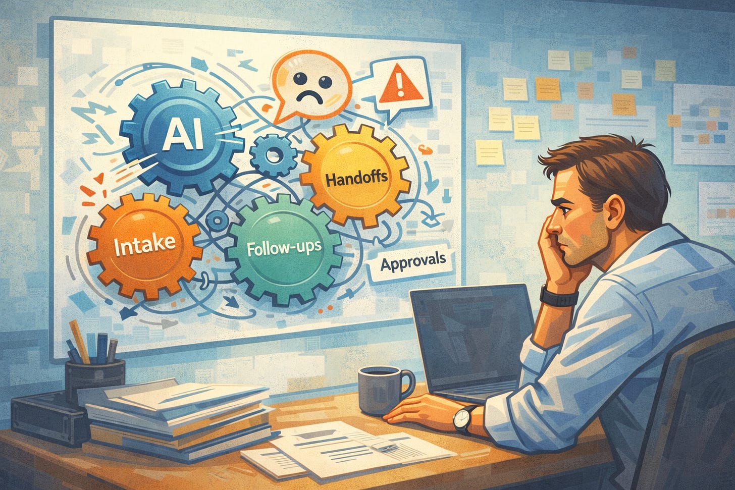 Business owner in a modern office watching a broken workflow diagram of gears labeled Intake, Follow-ups, Handoffs, and Approvals, showing how AI can amplify weak business systems and create operational chaos.